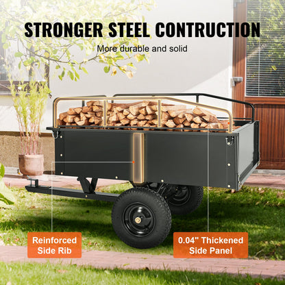 Heavy Duty ATV Trailer Steel Dump Cart, 340 kg 0.43 Cubic Meter, Garden Utility Trailer with Removable Sides for Riding Lawn Mower Tractor