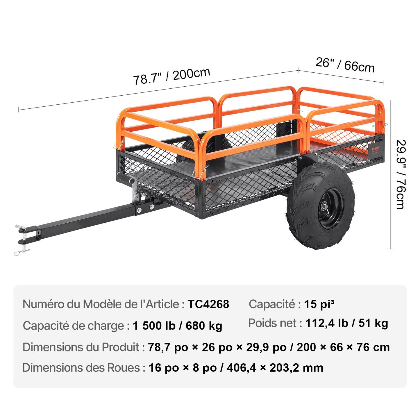 Kraftig ATV-tippvagn i stål, 680 kg lastkapacitet 0,43 kubikmeter, bogserad bakom tippvagn, med avtagbara sidor och 2 däck, för gräsklippare, traktorer, ATV, UTV