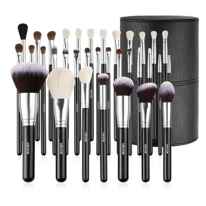 34-delars sminkborsteset, professionellt borstkit för foundation, ögonskugga, concealer och rouge - med mjuka borst, ergonomiskt trähandtag, resevänligt fodral ingår