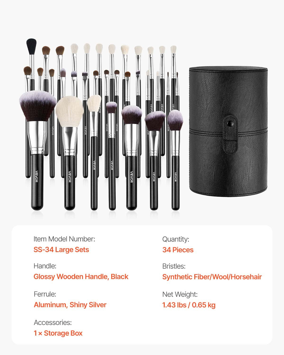 34-delars sminkborsteset, professionellt borstkit för foundation, ögonskugga, concealer och rouge - med mjuka borst, ergonomiskt trähandtag, resevänligt fodral ingår