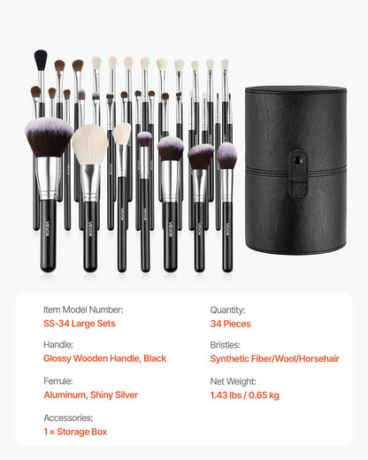 34-delars sminkborsteset, professionellt borstkit för foundation, ögonskugga, concealer och rouge - med mjuka borst, ergonomiskt trähandtag, resevänligt fodral ingår