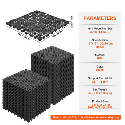 Modulär sammankopplande dynor, 50-pack 30 x 30 cm skarvningsdräneringsmattor, mjuka PVC-sammankopplande dräneringsgolvplattor, halkfria dräneringshål för toalett, badrum, kök, pool, våtutrymme, svart