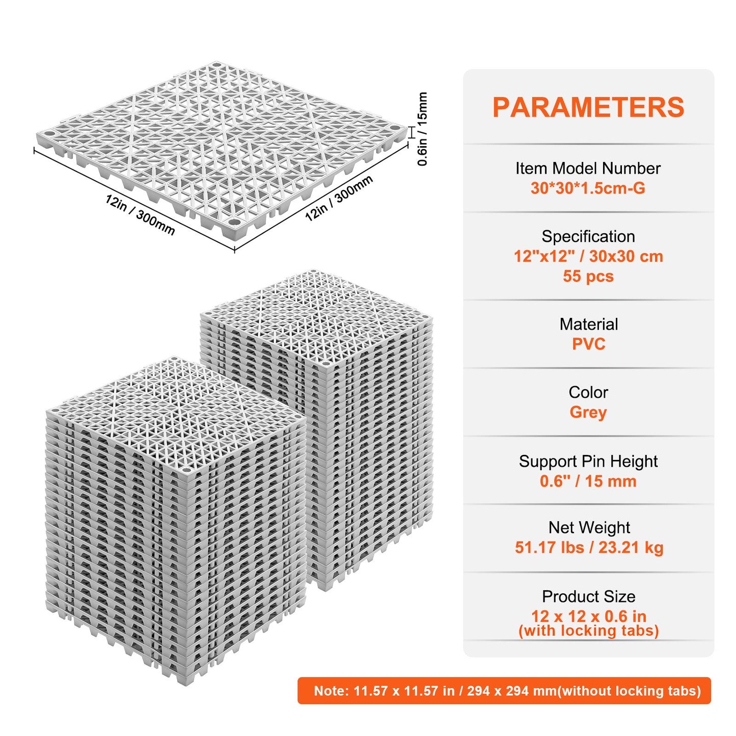 Modulär sammankopplande dynor, 55-pack 30 x 30 cm skarvningsdräneringsmattor, mjuka PVC-sammankopplande dräneringsgolvplattor, halkfria dräneringshål för toalett, badrum, kök, pool, våtutrymme, grå