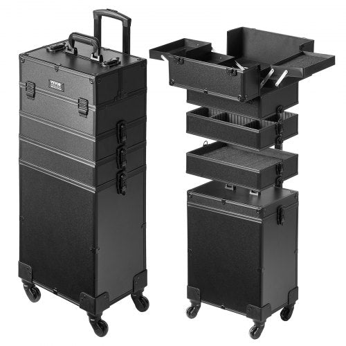5-i-1 professionell sminkväska i aluminium, rullande sminkväska extra stor trolley sminkväska, med 360° vridbara hjul och justerbar dragstång, svart