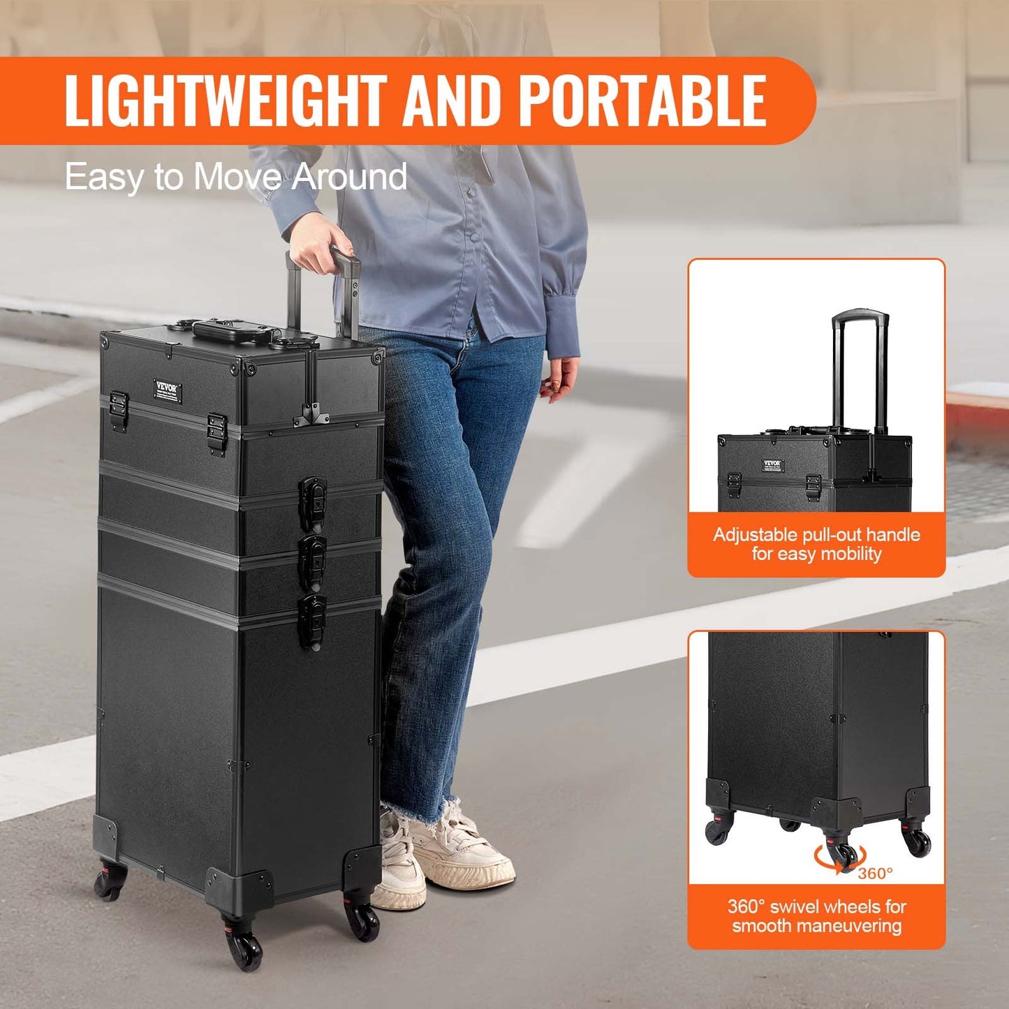 5-i-1 professionell sminkväska i aluminium, rullande sminkväska extra stor trolley sminkväska, med 360° vridbara hjul och justerbar dragstång, svart