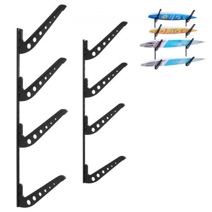 Surfboard Wall Mount, 4 Tiers Horizontal Surfboard Rack for Storage and Display, Adjustable Height Metal Board Stand Organizer, Surf Board Holder for Snowboards, Kiteboards, Shortboard, Skis