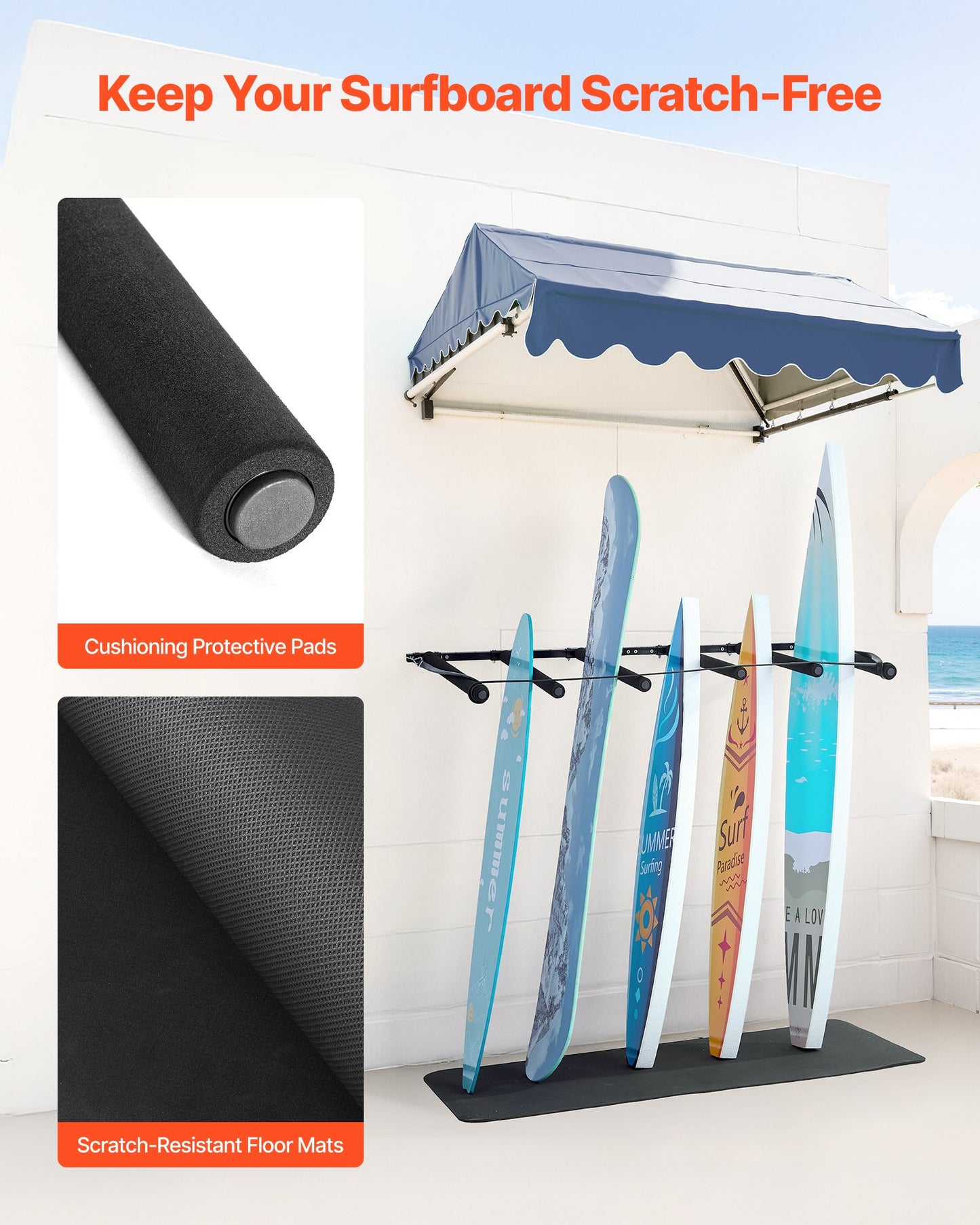 Väggmontering för surfbräda, vertikalt surfbrädeställ i 5 nivåer för förvaring och visning, justerbart metallstativ med svampdyna, surfbrädehållare för snowboards, kiteboards, shortboard
