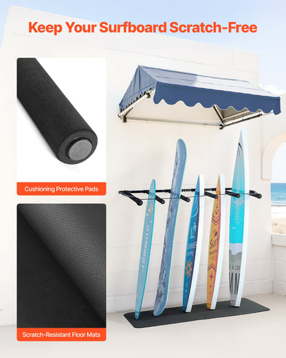 Väggmontering för surfbräda, vertikalt surfbrädeställ i 5 nivåer för förvaring och visning, justerbart metallstativ med svampdyna, surfbrädehållare för snowboards, kiteboards, shortboard