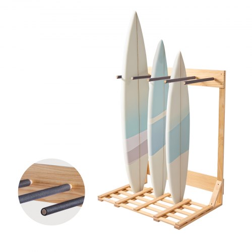 Vertikalt surfbrädeställ, 4 våningar trästativ för surfbrädor för förvaring och uppvisning, fristående brädeställ, surfbrädehållare för wakeboards, snowboards, kiteboards, shortboard, skidor