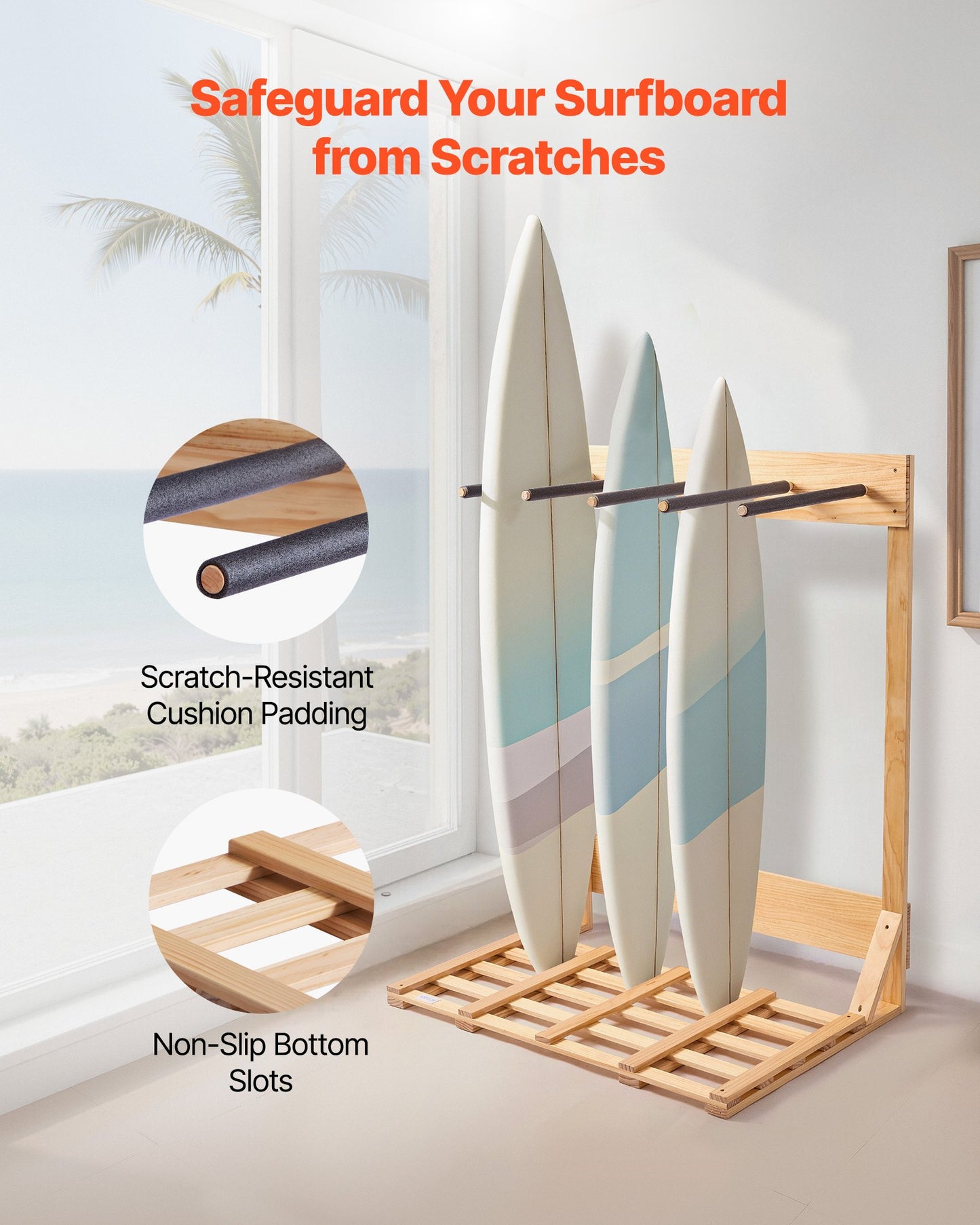 Vertikalt surfbrädeställ, 4 våningar trästativ för surfbrädor för förvaring och uppvisning, fristående brädeställ, surfbrädehållare för wakeboards, snowboards, kiteboards, shortboard, skidor