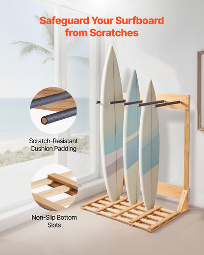 Vertikalt surfbrädeställ, 4 våningar trästativ för surfbrädor för förvaring och uppvisning, fristående brädeställ, surfbrädehållare för wakeboards, snowboards, kiteboards, shortboard, skidor