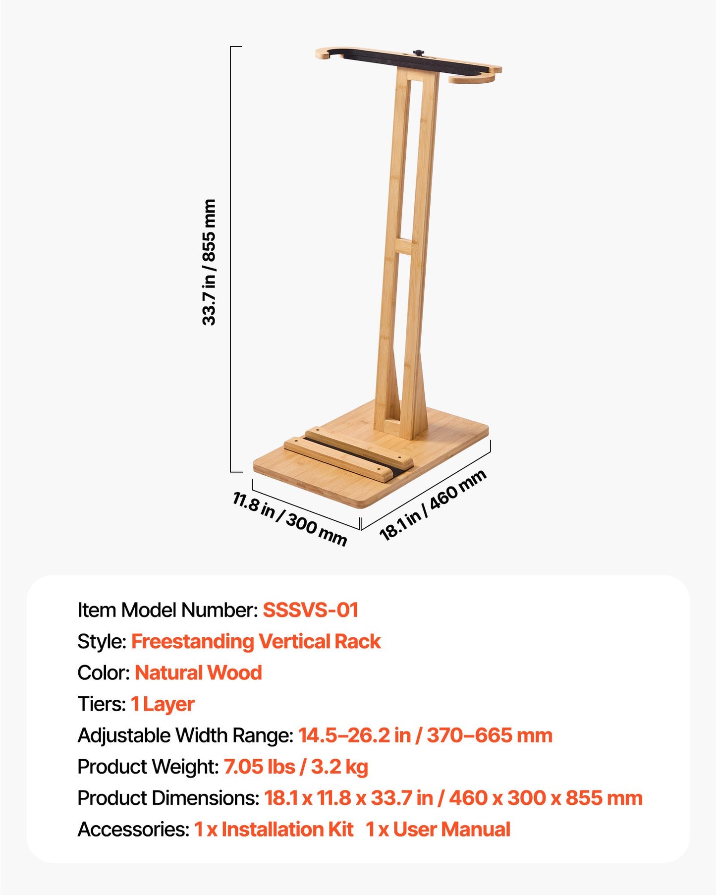 Vertikalt surfbrädeställ, surfbrädeställ i trä för förvaring och uppvisning, justerbar och fristående brädställsorganisatör med stoppning, för wakeboards, snowboards, kiteboards, shortboard, skidor