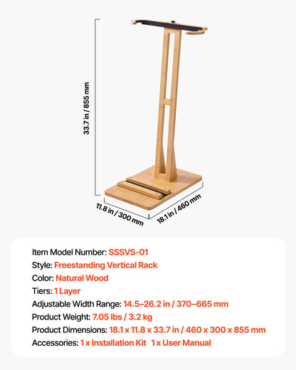 Vertikalt surfbrädeställ, surfbrädeställ i trä för förvaring och uppvisning, justerbar och fristående brädställsorganisatör med stoppning, för wakeboards, snowboards, kiteboards, shortboard, skidor