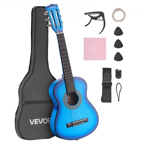 Klassisk gitarr, 780 mm, startkit för klassisk gitarr i trä för nybörjare, med nylonsträngar, gigbag, rem, stämapparat, extra strängar, plektrum, capo, linsträ, för barn flickor pojkar studenter, blå