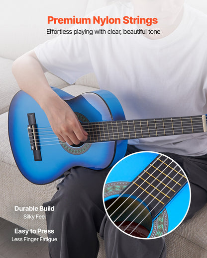 Klassisk gitarr, 780 mm, startkit för klassisk gitarr i trä för nybörjare, med nylonsträngar, gigbag, rem, stämapparat, extra strängar, plektrum, capo, linsträ, för barn flickor pojkar studenter, blå