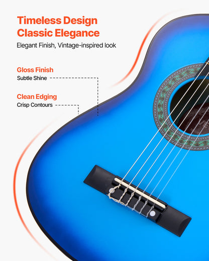 Klassisk gitarr, 780 mm, startkit för klassisk gitarr i trä för nybörjare, med nylonsträngar, gigbag, rem, stämapparat, extra strängar, plektrum, capo, linsträ, för barn flickor pojkar studenter, blå