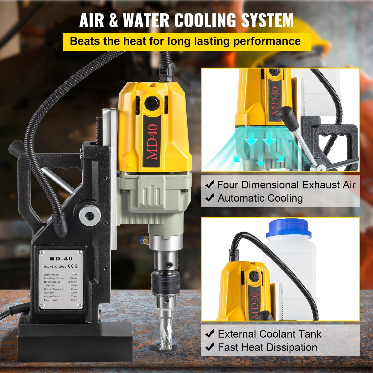 Magnetborrmaskin, 1100W, 4 cm borrdiameter, 2697lbf/12000N, bärbar elektrisk magnetborrpress med 12 bits, maxhastighet 580 varv/min, för alla ytor och heminredning