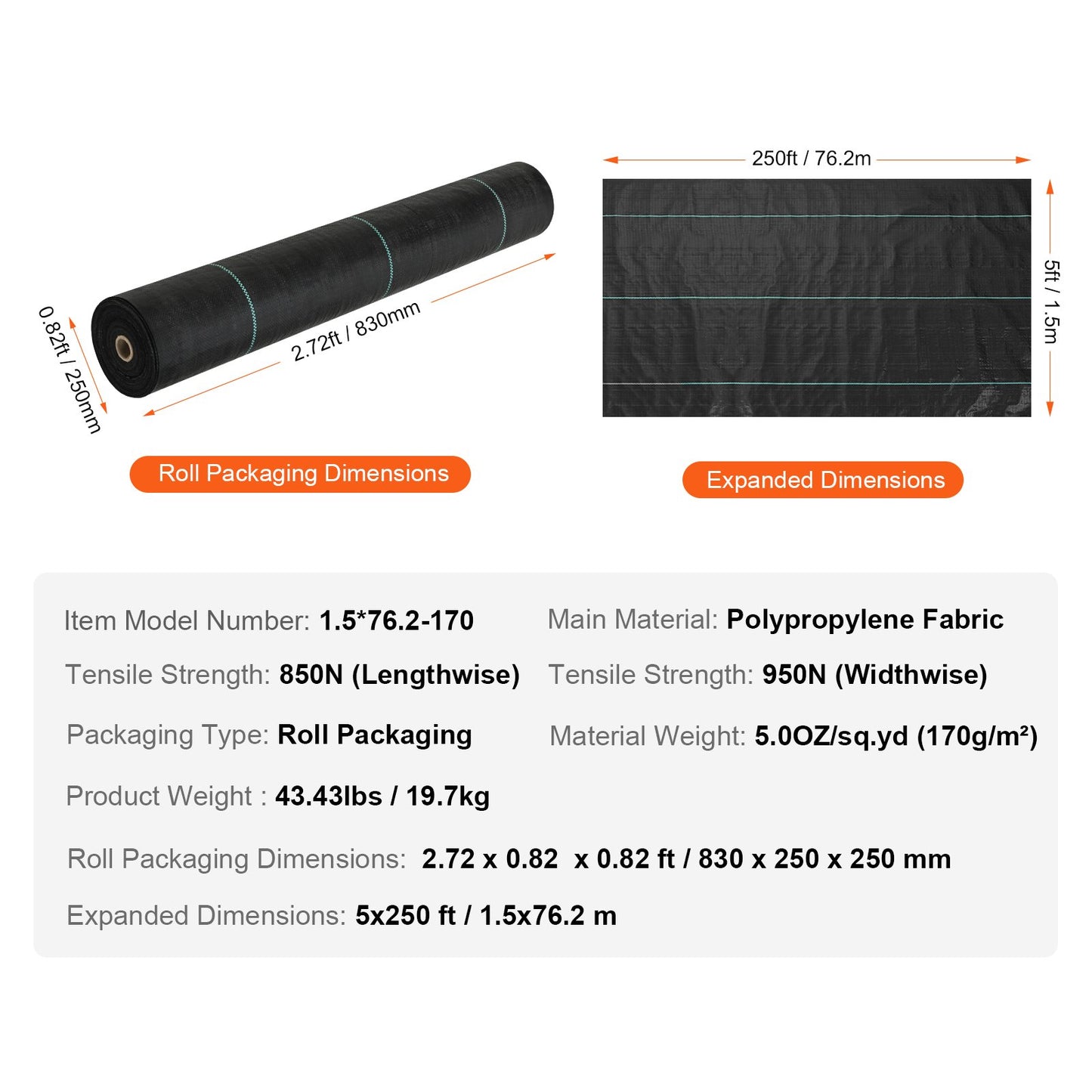 1.52 x 76.2 m Premium Heavy Duty Weed Barrier Landscape Fabric, 141.7 g Woven Geotextile Fabric Under Gravel, High Permeability for Weed Blocker Weed Mat, Driveway Fabric, Weed Control Garden Cloth