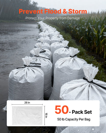 Empty Sandbags, 50 Packs 40 x 66 cm, Heavy Duty Sand Bags Sacks with Ties, 22.6 kg Capacity Woven Polypropylene Sandbags, Tear-Resistant & UV-Resistant Sand Bags for Flood Protection Barrier