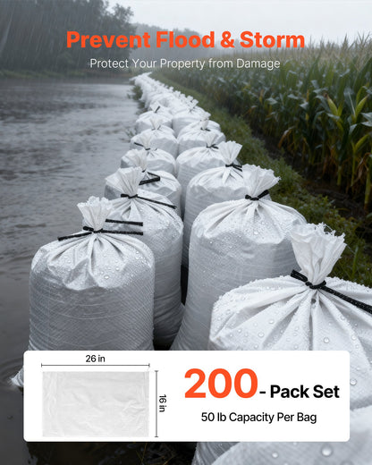 Empty Sandbags, 200 Packs 40 x 66 cm, Heavy Duty Sand Bags Sacks with Ties, 22.6kg Capacity Woven Polypropylene Sandbags, Tear-Resistant & UV-Resistant Sand Bags for Flood Protection Barrier