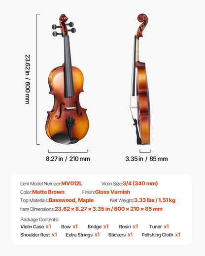 Fiol 340 mm storlek för vuxna, fiolset för nybörjare med hårt fodral, harpiks, stråke, axelstöd, stall, stämapparat och extra strängar, professionella musikinstrument för elever (brun)