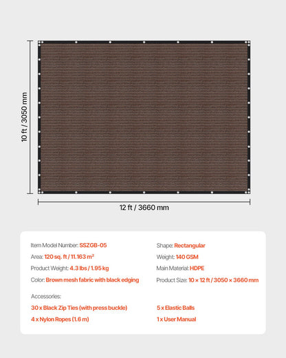 90 % solskyddsduk, 10 x 12 fot pergolaskydd med rostfria stålöljetter, solskyddstak med insynsskydd av 140 GSM HDPE-material, för utomhusbruk, uteplats, trädgård och bakgård (brun)