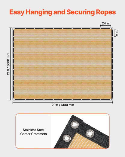 90 % solskyddsduk, 12 x 20 fot pergolaskydd med rostfria stålöljetter, solskyddstak med insynsskydd av 160 GSM HDPE-material, för utomhusbruk, uteplats, trädgård och bakgård (beige)