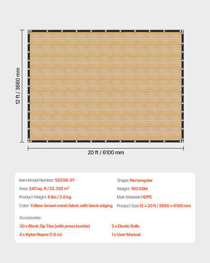 90 % solskyddsduk, 12 x 20 fot pergolaskydd med rostfria stålöljetter, solskyddstak med insynsskydd av 160 GSM HDPE-material, för utomhusbruk, uteplats, trädgård och bakgård (beige)