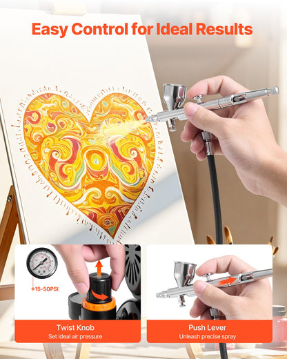 Airbrush Kit, 1/6 HP, Air Brush Kit with Air Compressor and Tank, 1 Dual-Action Professional Airbrush with 1 Tip, Hose, Acrylic Paint, 2 Fans, for Cake Decorating, Model Painting, Nail Art