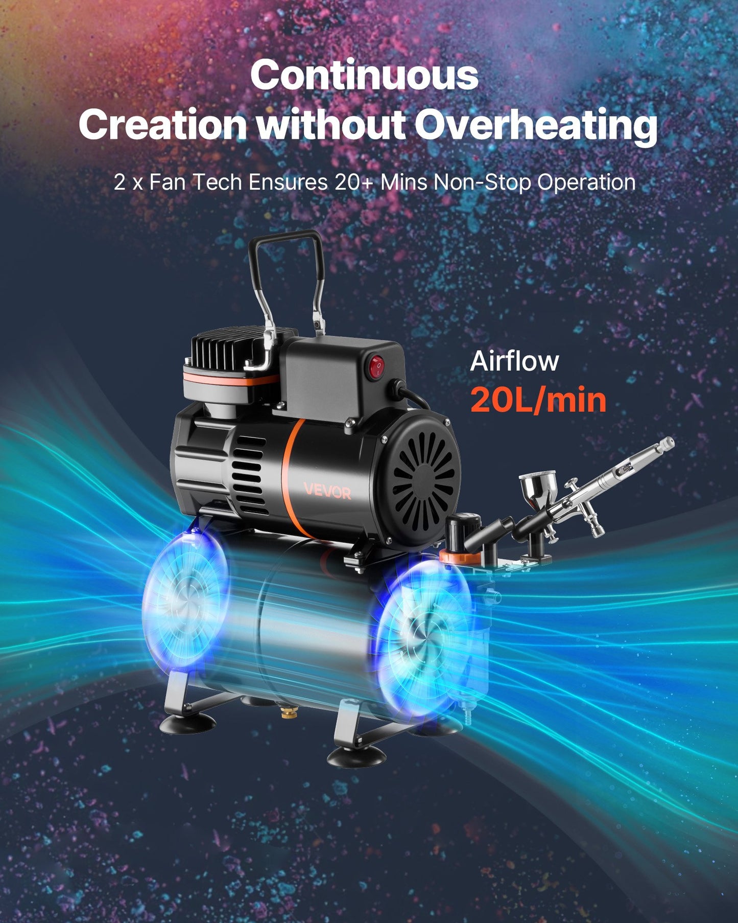 Airbrush Kit, 1/6 HP, Air Brush Kit with Air Compressor and Tank, 1 Dual-Action Professional Airbrush with 1 Tip, Hose, Acrylic Paint, 2 Fans, for Cake Decorating, Model Painting, Nail Art