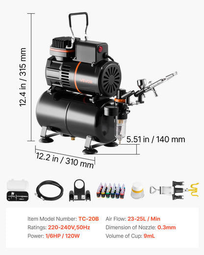 Airbrush Kit, 1/6 HP, Air Brush Kit with Air Compressor and Tank, 1 Dual-Action Professional Airbrush with 1 Tip, Hose, Acrylic Paint, 2 Fans, for Cake Decorating, Model Painting, Nail Art