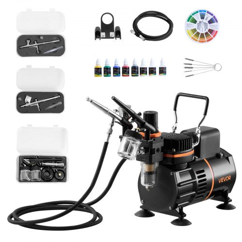 Airbrush-kit, 1/6 hk, Airbrush-kit med luftkompressor, 3 professionella airbrushar med dubbelverkande effekt och 3 munstycken, slang, akrylfärg, 2 fläktar, lågt ljud, för tårtdekorering, modellmålning, nagelkonst