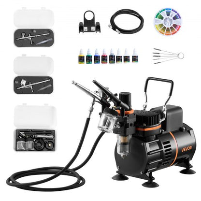 Airbrush-kit, 1/6 hk, Airbrush-kit med luftkompressor, 3 professionella airbrushar med dubbelverkande effekt och 3 munstycken, slang, akrylfärg, 2 fläktar, lågt ljud, för tårtdekorering, modellmålning, nagelkonst