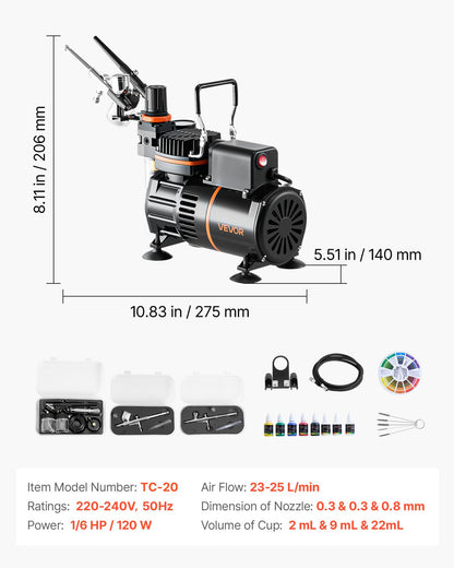 Airbrush-kit, 1/6 hk, Airbrush-kit med luftkompressor, 3 professionella airbrushar med dubbelverkande effekt och 3 munstycken, slang, akrylfärg, 2 fläktar, lågt ljud, för tårtdekorering, modellmålning, nagelkonst