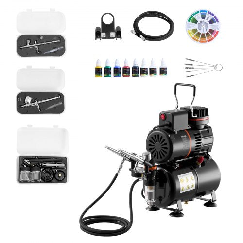 Airbrush Kit, 1/6 HP, Air Brush Kit with Air Compressor and Tank, 3 Dual-Action Professional Airbrushes with 3 Tips, Hose, Acrylic Paint, 2 Fans, for Cake Decorating, Model Painting, Nail Art