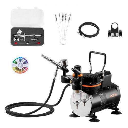 Airbrush-kit, 1/6 hk, Airbrush-kit med luftkompressor, 1 dubbelverkande professionell airbrush med 3 munstycken, slang, hållare, rengöringsset, lågt ljud, för tårtdekorering, modellmålning, nagelkonst