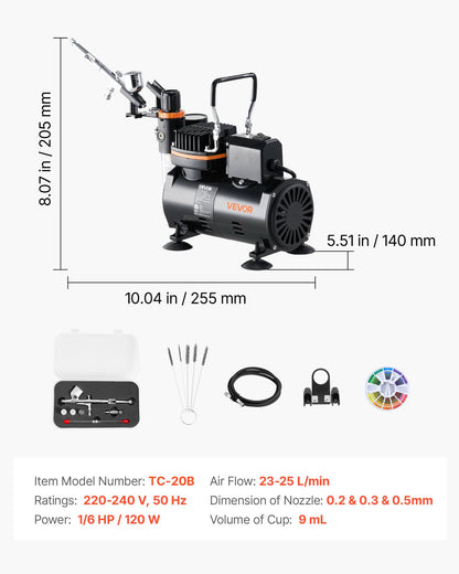 Airbrush-kit, 1/6 hk, Airbrush-kit med luftkompressor, 1 dubbelverkande professionell airbrush med 3 munstycken, slang, hållare, rengöringsset, lågt ljud, för tårtdekorering, modellmålning, nagelkonst