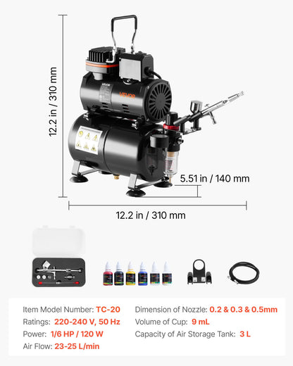 Airbrush-kit, 1/6 hk, Airbrush-kit med luftkompressor och tank, 1 dubbelverkande professionell airbrush med 3 munstycken, akrylfärg, låg ljudnivå, för tårtdekorering, modellmålning, nagelkonst