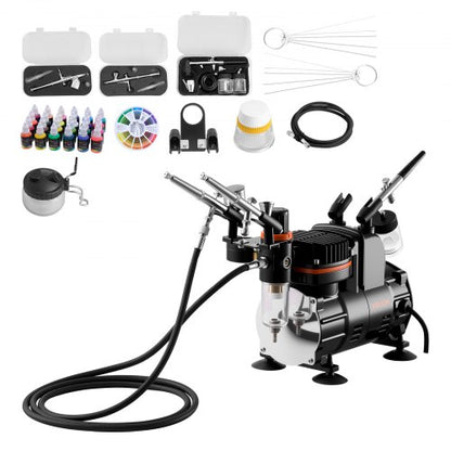 Airbrush-kit, 1/6 hk, Airbrush-kit med luftkompressor, 3 professionella airbrushar med dubbelverkande effekt och 3 munstycken, slang, akrylfärg, pensel, låg ljudnivå, för tårtdekorering, modellmålning, nagelkonst