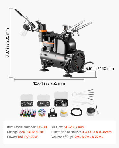 Airbrush-kit, 1/6 hk, Airbrush-kit med luftkompressor, 3 professionella airbrushar med dubbelverkande effekt och 3 munstycken, slang, akrylfärg, pensel, låg ljudnivå, för tårtdekorering, modellmålning, nagelkonst