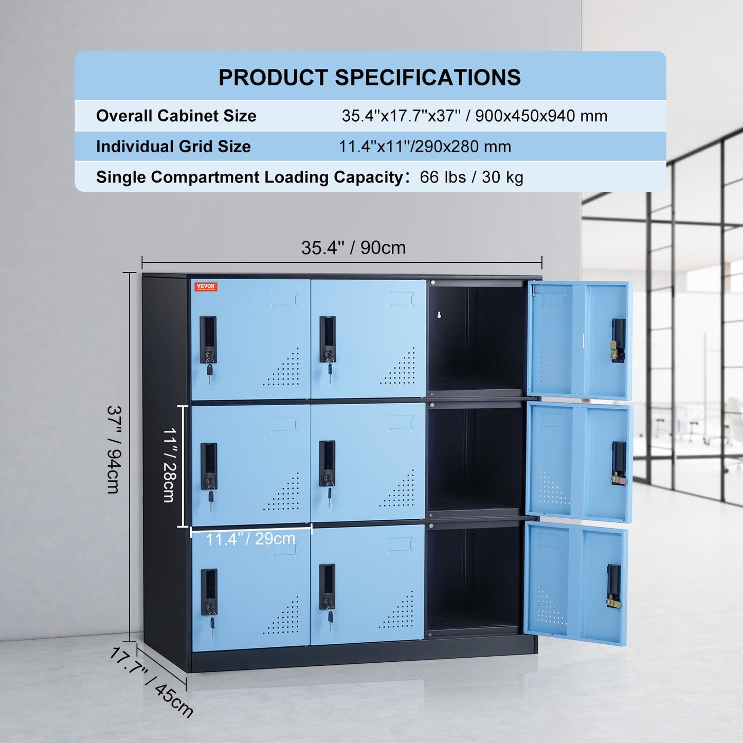 Metal Locker for Employees, 9 Doors Storage Cabinet with Card Slot, Employee Lockers with Keys, 66lbs Loading Capacity office Storage Lockers for Office, Home, School, Gym, Black