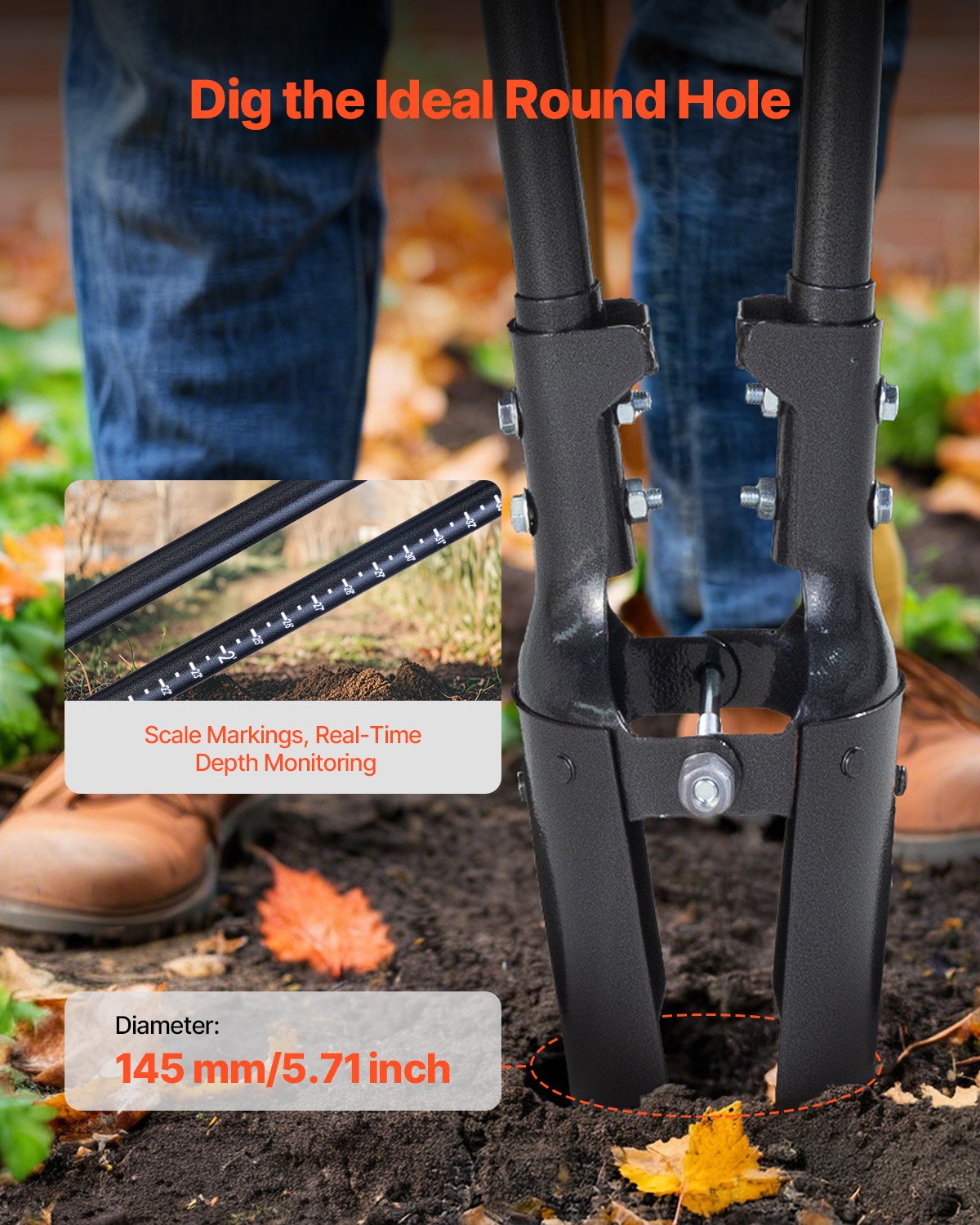 Post Hole Digger, Heavy Duty Post Hole Digger with Carbon Steel Handle, Manual Hole Digger with Scale Markings and Metal Blade, Post Hole Digger Tool for Digging Gardening Outdoors, 57.5-Inch