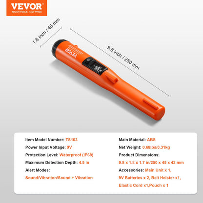 Metalldetektor med pinpointer, IP68 helt vattentät handhållen pinpointerstav, 114 mm/4,5 tums detekteringsdjup, 3 lägen, LCD-skärm, skattjaktssond med hölster och 9V-batteri, för vuxna och barn