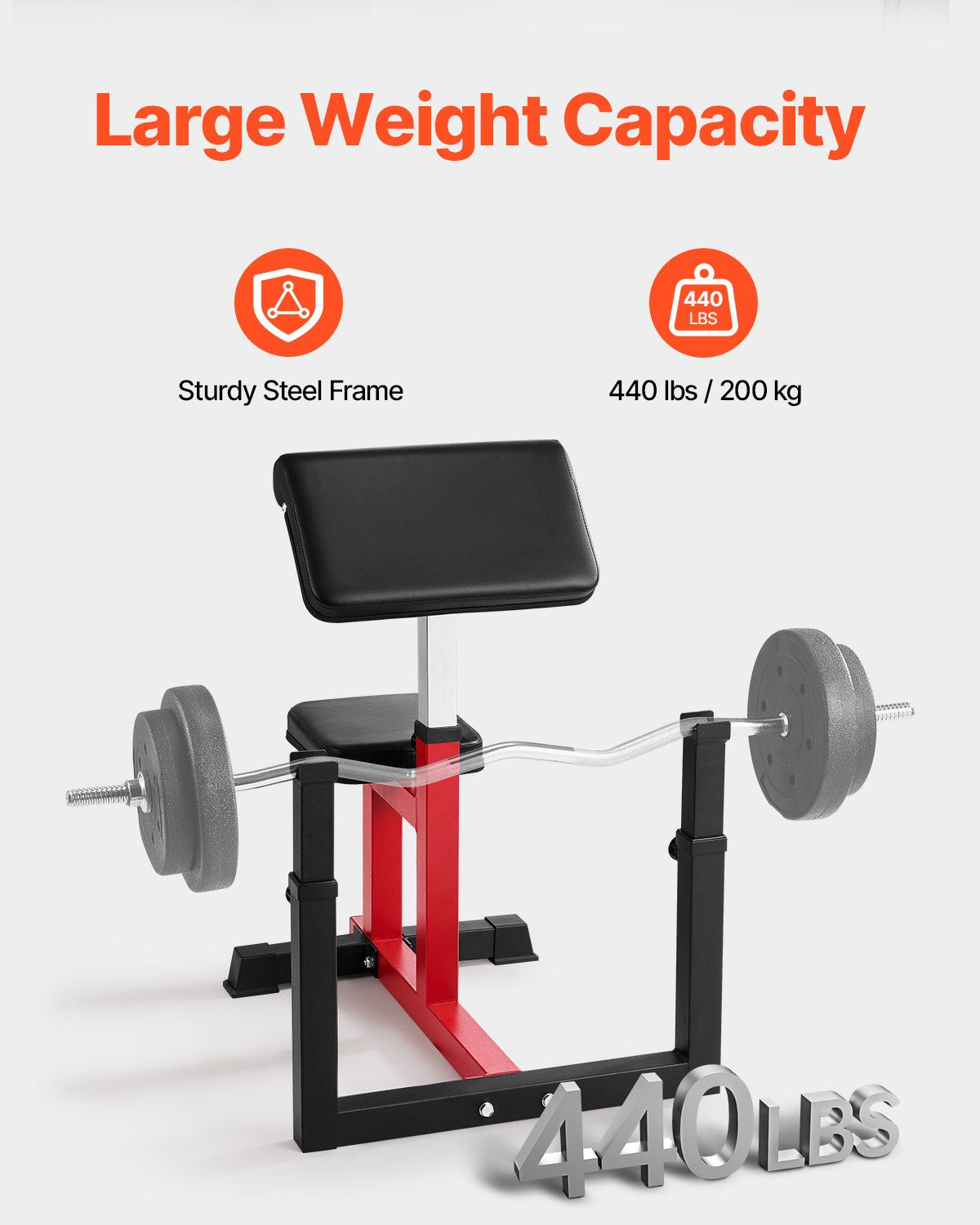 Viktbänk med benförlängning, styrketräningsbänkar, maxbelastning 440 LBS hemmagymbänk fitnessutrustning, sittande arm isolerad skivstång hantel biceps station, träningsbänk för hemmagym