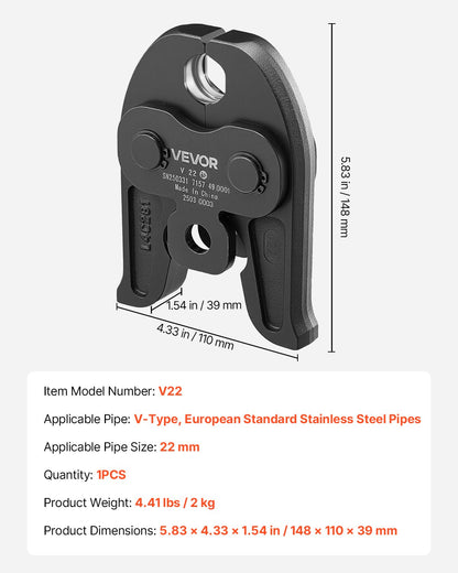 V22 Pressback, 22 mm pressback för V-formade rostfria rör, höghållfasta pressbackar i karburerat stål, kompatibel med standardpressverktyg