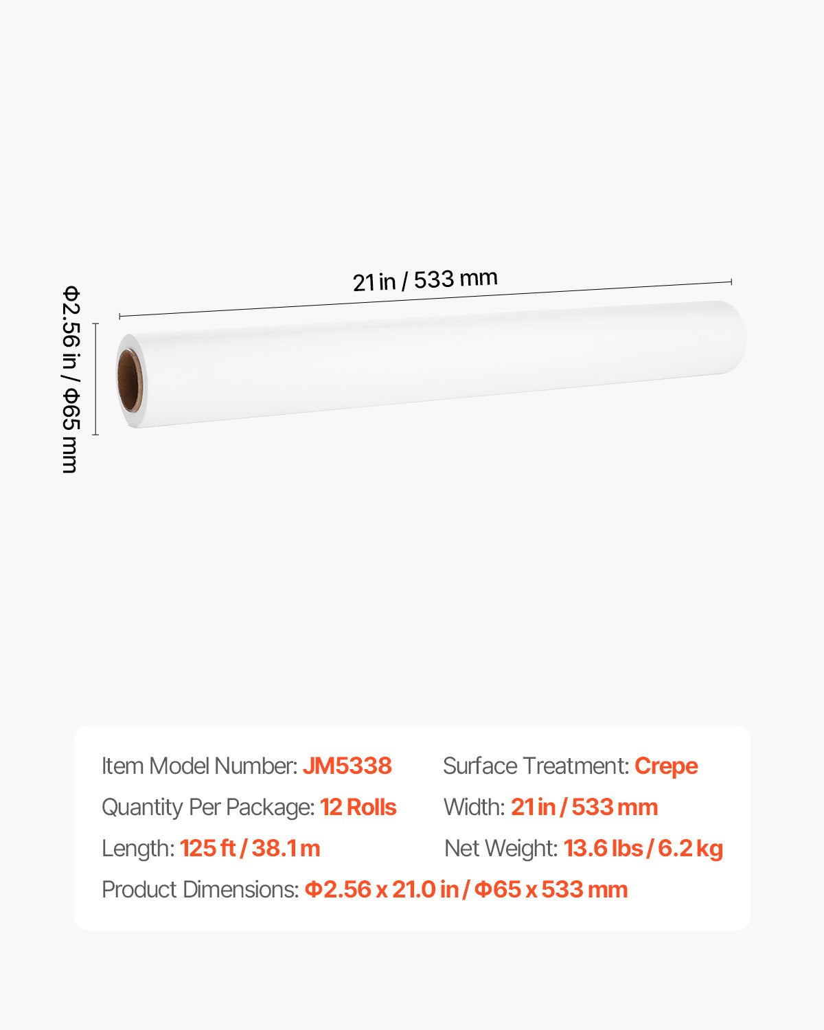 Undersökningsbordspapper, 21" x 125 ft Crepe Barrier Cover Rolls (12 st), Engångslakansöverdrag för sängbord, Perfekt för spa, daghem, läkare, kiropraktorer, undersöknings- och massagebord, Vit