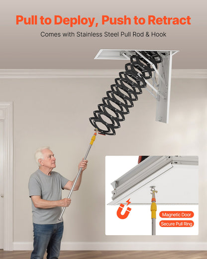 Vindstege, kapacitet 299,4 kg, passar takhöjd 3,2 till 3,2 m och öppningsmått 94 x 61 cm, nedfällbar taktrappa i legerat stål med dragstång för vindsloft