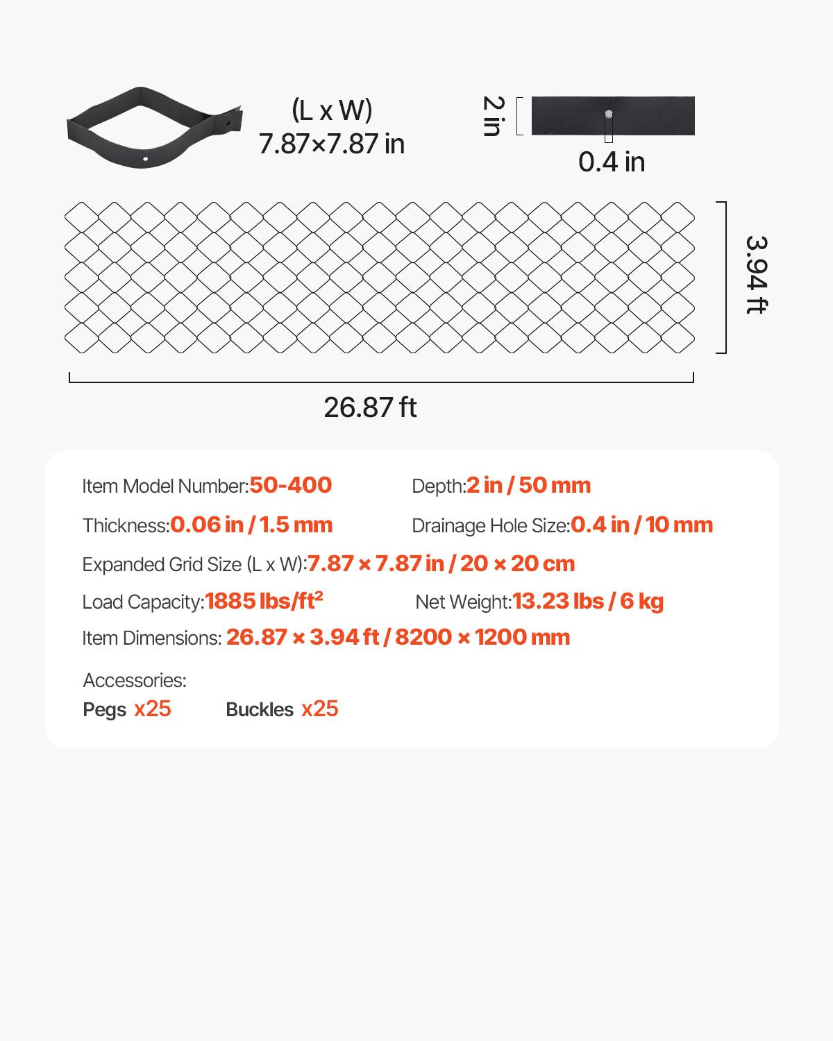Grusgaller, 5 cm djup, 8200 x 1200 mm, 1880 kg per kvadratfot gräsmarksstöd, permeabla geogaller för uppfartsstabilisering, för trädgård, uteplats, gångväg, sluttningar för husbilsparkering