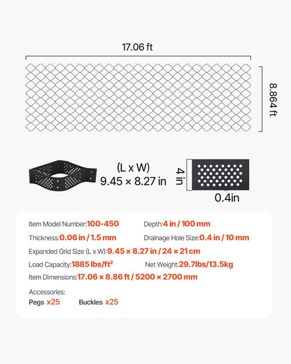 Grusgaller, 10 cm djup, 5200 x 2700 mm, 840 kg per kvadratfot gräsmarksstöd, permeabla geogaller för uppfartsstabilisering, för trädgård, uteplats, gångväg, sluttningar för husbilsparkering