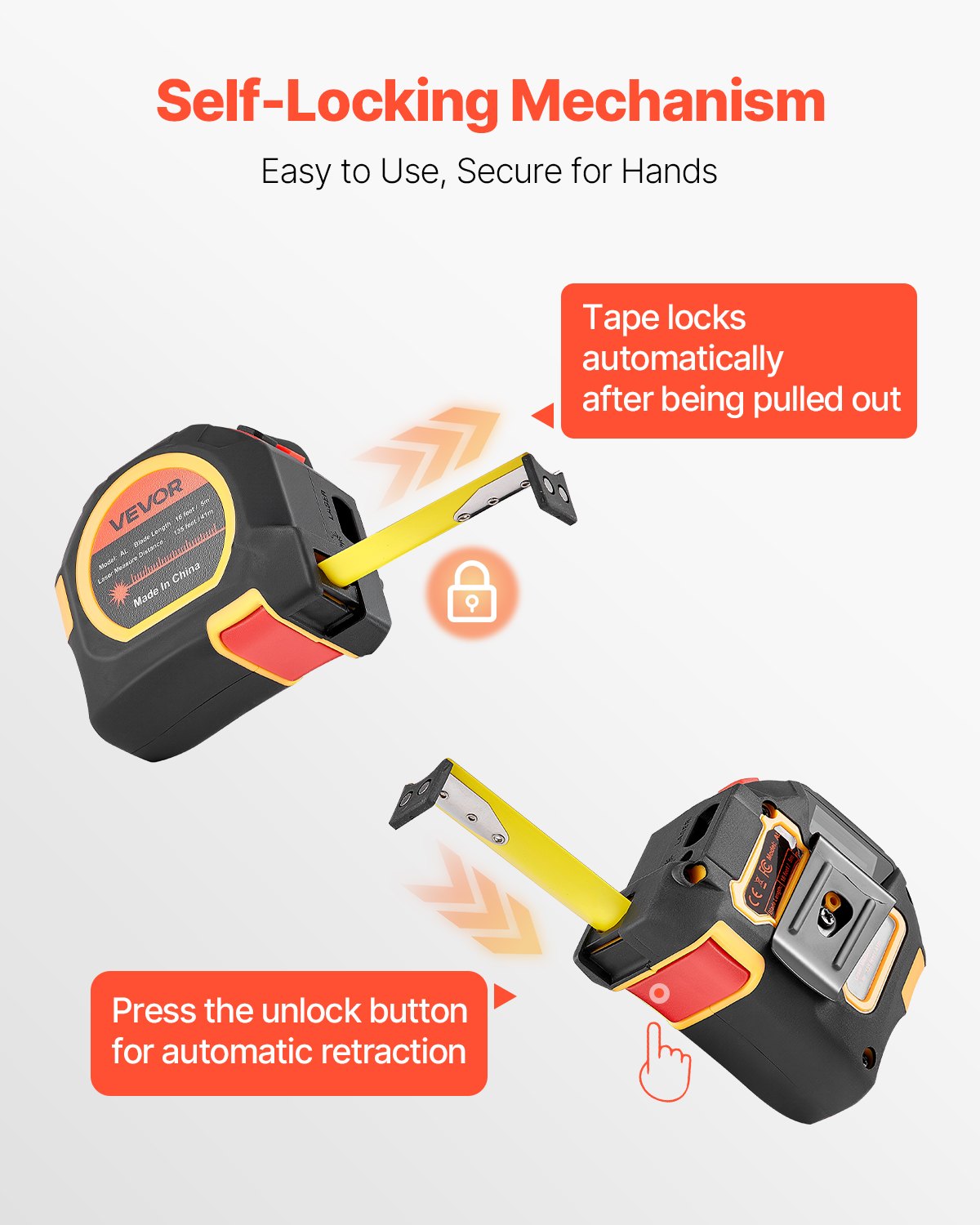 2-i-1 lasermåttband, 41 m uppladdningsbart lasermätverktyg och 4,8 m måttband med magnet, 4 lägen - längd, area, volym, kontinuerlig, ft/in/m/ft+in-enhet, för utomhusbruk, dekoration